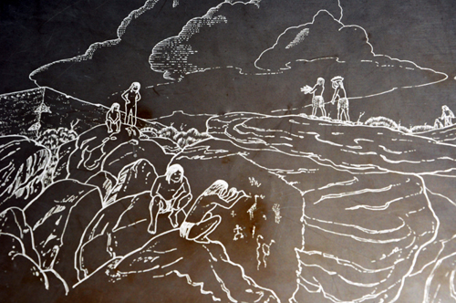 drawing of prehistoric homesteaders